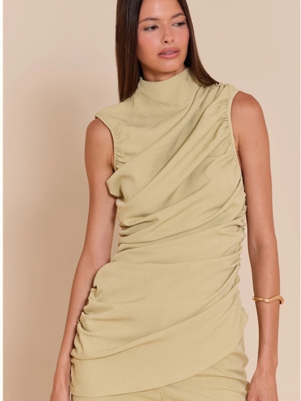 PLT Label Khaki/Green Tailored Extreme Ruched Asymmetric Top Co-ord- Size